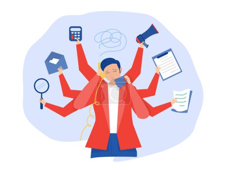 Illustration for Multitasking man concept , Busy businessman multitask activities with many hands at office, Overworked, Workaholic,Time management several objects concept illustration - Royalty Free Image