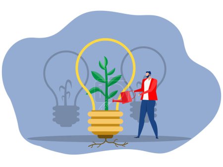 Illustration for Creative business concept,Businessman watering tree on which new ideas grow investor search for new ideas and startups. Flat vector illustration - Royalty Free Image