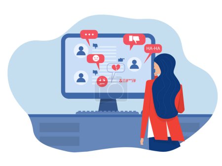 Illustration for Cyber Bullying concept,woman despresed with People bullying a girl on internet by message bubbles Cyber bullying in social networks and online abuse concept. Vector flat cartoon illustration - Royalty Free Image