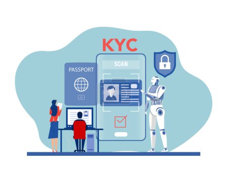 Ilustración de KYC o conozca a su cliente con Robot Scanning Man Face Identificación biométrica Access Control Technology Recognition System que verifica la identidad del concepto de su cliente - Imagen libre de derechos