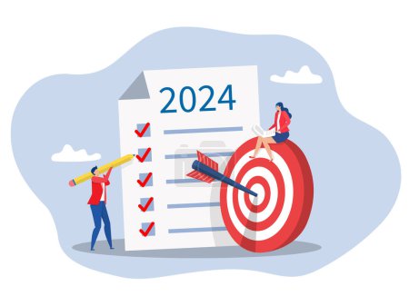 Illustration for New Year 2024 businessman planning with pencil-categorized sticky notes work for project management and sorting important  on kanban board to goal vector - Royalty Free Image