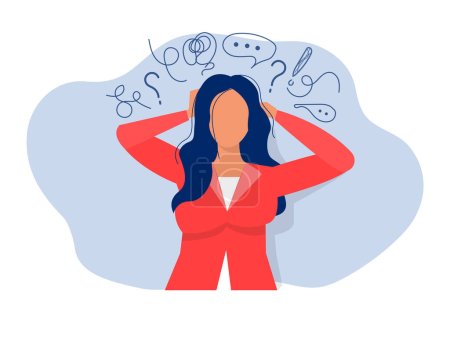 Illustration for Woman suffers from obsessive thoughts; headache; unresolved issues; psychological trauma; depression.Mental stress panic mind disorder illustration Flat vector illustration. - Royalty Free Image