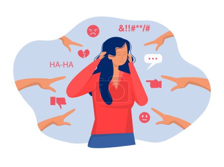 Bullying concept. Young upset Woman victim of harassment which symbolizes touching and violence against women. Fingers pointing at a woman. Vector illustration