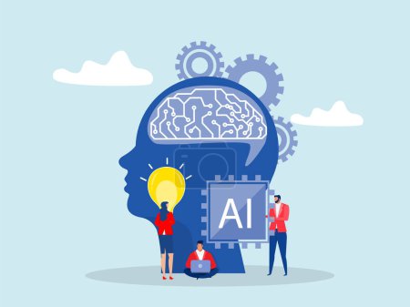 Téléchargez les illustrations : Concept d'intelligence artificielle, puce d'IA, apprentissage automatique, information d'analyse avec idée d'ampoule au vecteur d'innovation de développement de puce de traitement d'IA - en licence libre de droit
