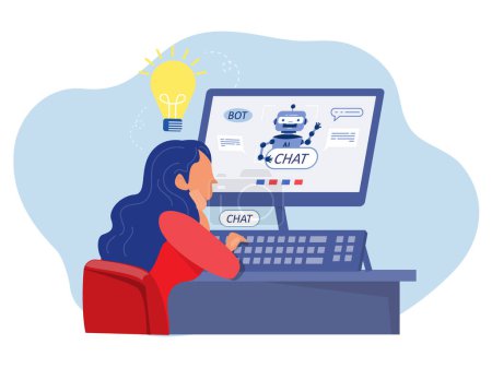 Chat-Bot, Geschäftsfrau verwendet Computer für die Beratung mit. Künstliche Intelligenz. Digitaler Chat-Bot, Roboterapplikation, Konversationsassistent-Konzept. Vektorillustrator