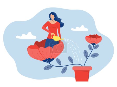 self-improvement concept,Woman in flowerpot watering herself and a healthy lifestyle. personal development, professional growth Vector illustration.
