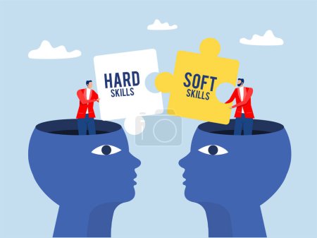  business woman and man holding two pieces between Hard VS Soft Skills Concept on big head human Idea Development ,Multiple Intelligences Vector Illustration