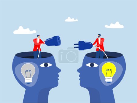 Brainstorming concept,Two Businessman connects the light that is extinguished in the brain to the power supply Creative and Smart Connection vector