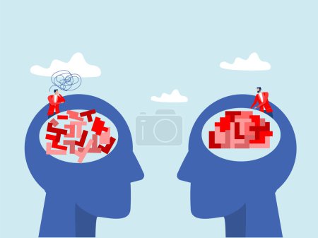 personnes regardant tête puzzle cerveau pensée différente pensée rationnelle et irrationnelle sous la forme de formes colorées arrangées et réarrangées concept