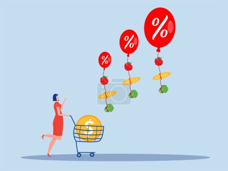 goods Inflation, women stress with Rising food price crisis,Prices of commodities and consumer goods rose due to rising inflation concept. vector illustration