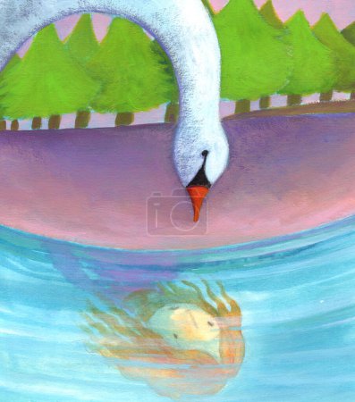 Téléchargez les photos : Aquarelle représentant un petit cygne regardant son reflet dans un lac. Son idole est le visage d'une fille - en image libre de droit
