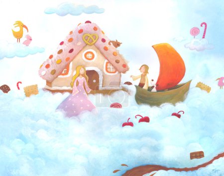 Photo for Cartoon scene of a cloud gingerbread castle full of sweets. Prince arrives in a nut boat and princess watching in clouds - Royalty Free Image