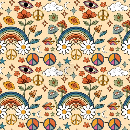 Illustration for 70s Hippie style psychedelic elements mushroom, rainbow, floral retro pattern background. - Royalty Free Image