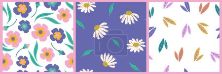 Illustration for Collection of floral seamless pattern set of 3 in pink and purple color palette. Bright pastel colorful flower motifs for spring and summer. Repeat botanical background for fabric, paper, stationery etc. - Royalty Free Image
