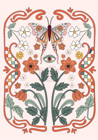 Foto de Retro 70's psychedelic hippie butterfly floral illustration print. Composición de estilo Art Nouveau para póster, arte mural, invitaciones, gráficos de camisetas, etc.. - Imagen libre de derechos