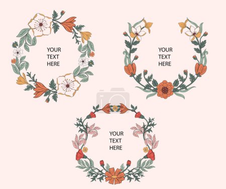 Boho floral wreath set of 3. Illustration in art nouveau style. Floral template for invitations, logo, card etc.