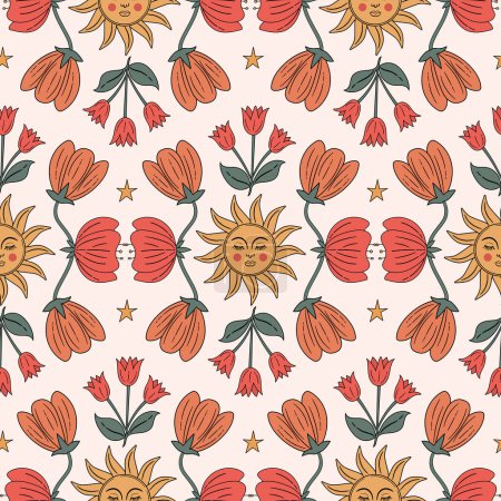 Illustration for Boho Floral seamless pattern collection in Art Nouveau style. 70s retro aesthetic with hand drawn flowers and sun motif. - Royalty Free Image