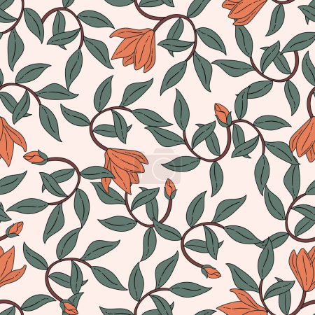 Illustration for William Morris inspired botanical seamless pattern with flower and leaf elements. Boho retro background pattern for fabric, wrapping paper, wallpaper etc. - Royalty Free Image