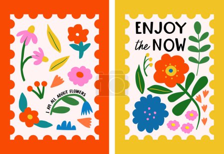 Abstract colorful Floral posters in postage stamp style template with positive saying. Perfect for T-shirt graphic design, wall art, postcards etc. Inspirational card design vector illustration. 