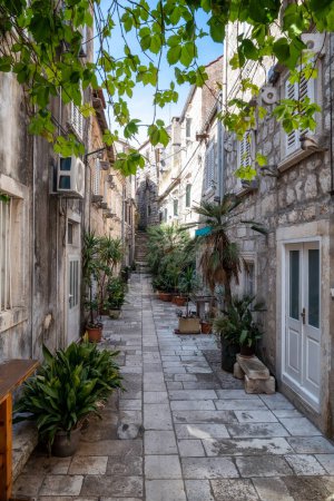 Téléchargez les photos : Ancienne rue étonnante dans la ville historique d'Orebic sur la péninsule de Peljsac, Dalmatie, Croatie - en image libre de droit