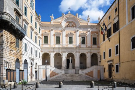 Photo for Beautiful morning view of the Roman Catholic church of Sant'Eusebio with Madonna and and Child in front of facade, Rome, Italy - Royalty Free Image