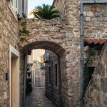 Romantic narrow stone alley in the center of the old town of Budva, Montenegro