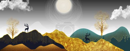 3d moderne Leinwand Kunst Wandbild Tapete Landschaft Mond, goldene Weihnachtsbäume, bunte Berge