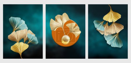 3d illustration background wallpaper. golden, orange feathers and leaves. for interior wall home decor