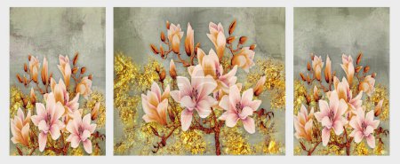 Photo for 3d abstract art wallpaper for wall decor.Golden resin geode and abstract art, rose flowers branches in drawing background - Royalty Free Image