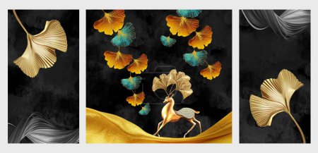 Foto de Hojas de árbol dorado y ciervos en fondo de pintura negra. Ilustración 3d marco de pared decoración del hogar. - Imagen libre de derechos