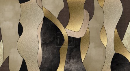 Foto de Arte moderno abstracto del mural del papel pintado del minimalismo. dorado, negro, beige, negro y formas con líneas negras. Ilustración 3d para la decoración de la pared del hogar - Imagen libre de derechos