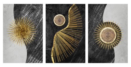 Photo for Nordic modern black and golden modern wall decor. 3d abstract black trunk wallpaper. Curvy lines in drawing resin geode functional art - Royalty Free Image