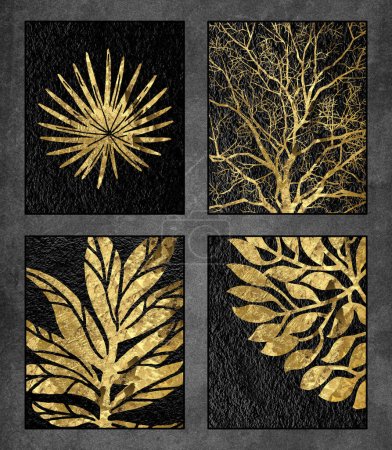 Moderna decoración de pared nórdica. marco de la pared cartel arte. un árbol dorado, hojas y ramas sobre fondo de textura negra. 3d obras de arte