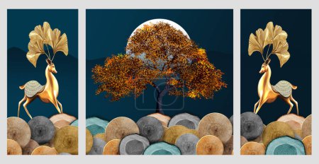 Foto de Hojas de árbol dorado, luna y ciervos en el fondo oscuro del paisaje. Ilustración 3d marco de pared decoración del hogar. - Imagen libre de derechos