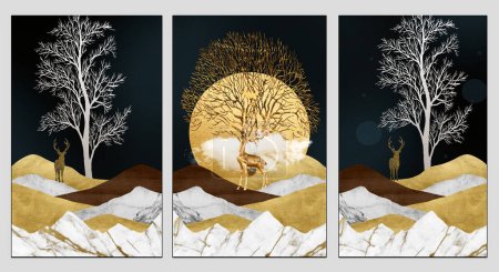 Téléchargez les photos : 3 pièces mur cadre toile art. Arbres de Noël, marbres de cerfs montagnes, et une lune dorée dans le fond sombre paysage 3D - en image libre de droit
