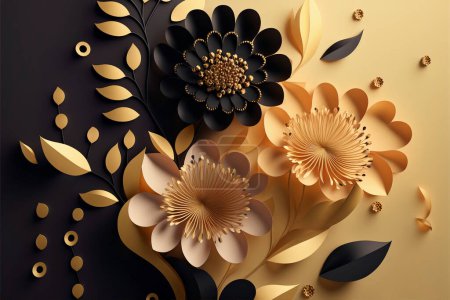 3d Wandbild florale Tapete. goldene und schwarze Blüten und Blätter. 3d rendern hintergrund wanddekor