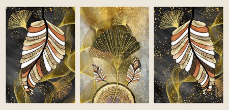 3d wall frame art. Drawing black background golden waves shapes, turquoise, and golden tree leaf, feathers