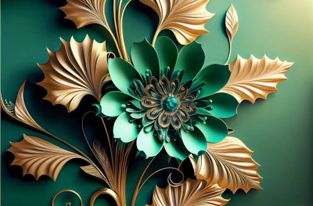 Photo for 3d wallpaper abstract floral background with green flowers and golden stem - Royalty Free Image
