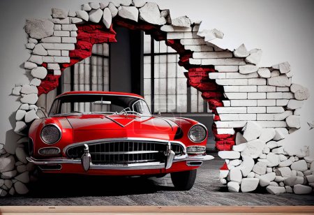 3D-Wandtapete kaputte Mauerziegel und ein klassisches rotes Auto. Weltkarte auf farbigem Hintergrund. für Kinder und Kinder Schlafzimmertapete .