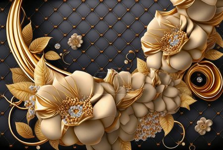Téléchargez les photos : 3d mural illustration background with golden jewelry and flowers, in black decorative wallpaper - en image libre de droit