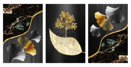 Téléchargez les photos : Black minimal wall canvas art decor. 3d illustration ginko leaves, golden tree and marble. - en image libre de droit