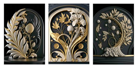 Photo for 3d rendered  Art Deco sculpture engraving of flowers on black background - Royalty Free Image