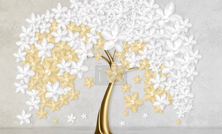 Foto de Fondo de pantalla 3d abstracto árbol floral fondo con flores blancas y doradas. Mural para la decoración interior de la pared del hogar - Imagen libre de derechos