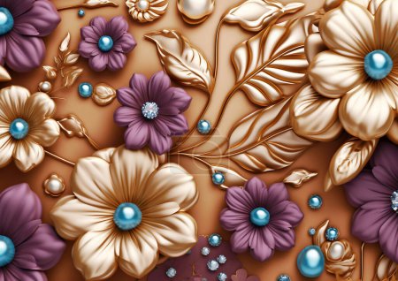 3D sztuki mural kwiaty tapety. kwiaty róży na fioletowym i złotym tle. Streszczenie liści gałęzi