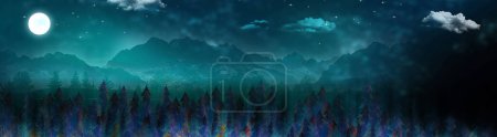 Photo for 3d night landscape modern art mural wallpaper. Forest, dark blue background with colorful Christmas trees, mountains, moon. Chinese artwork for wall decoration - Royalty Free Image