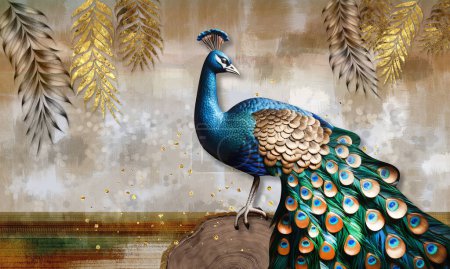 3d wallpaper. 3d colorful peacock on the stem. golden tree branches. 3d mural background. paint wall canvas poster art decor