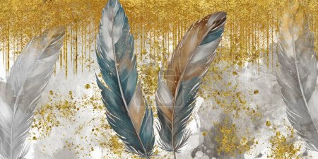 Photo for Colorful feathers artwork watercolor art design. Modern wall poster abstract golden lines art decorative painting - Royalty Free Image