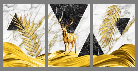 Photo for 3d artwork canvas wall decor. black and white marble, golden wavy shapes, deer and tree branches leaf. - Royalty Free Image