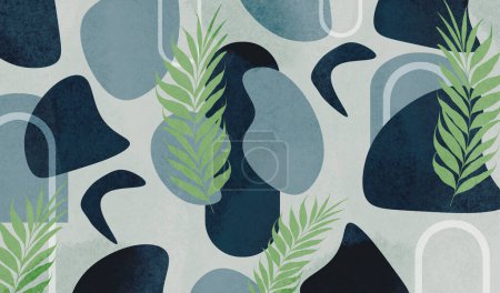 Téléchargez les photos : Papier peint mural moderne 3d. bleu foncé, bleu clair, formes de couleur blanche et branches vertes. pour la décoration intérieure - en image libre de droit