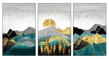 Téléchargez les photos : 3 pièces mur cadre toile art. bleu turquoise doré et noir montagnes colorées, oiseaux, nuages et soleil doré en fond de paysage 3D - en image libre de droit